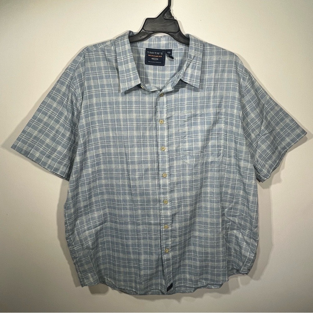Smith's Workwear Light Blue Plaid Button-down 4XL Short Sleeve Shirt 100% Cotton